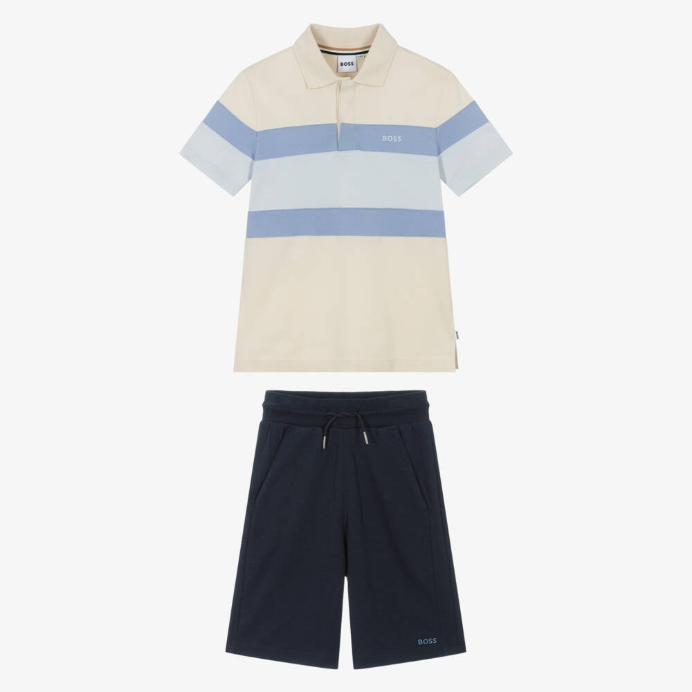 BOSS-Boys Ivory & Blue Polo Shirt & Bermuda Shorts Set | Childrensalon