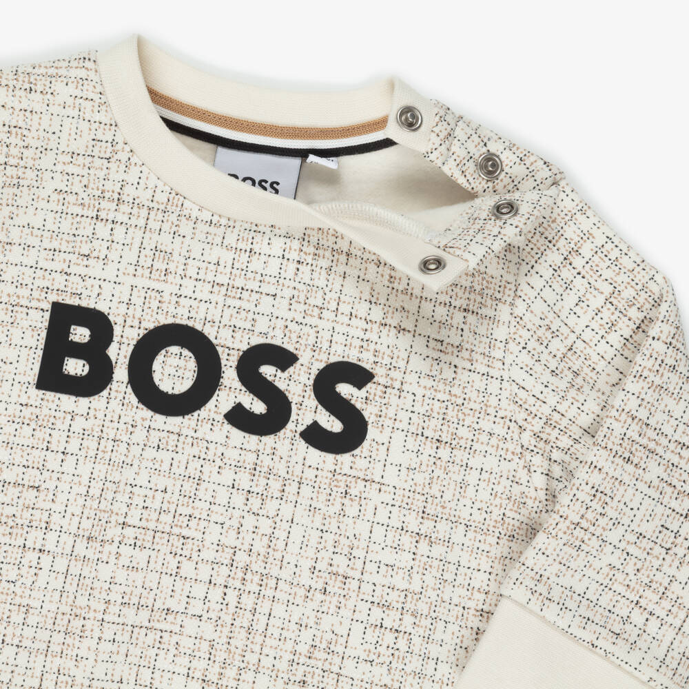 BOSS-Boys Ivory Check & Black Logo Sweatshirt | Childrensalon