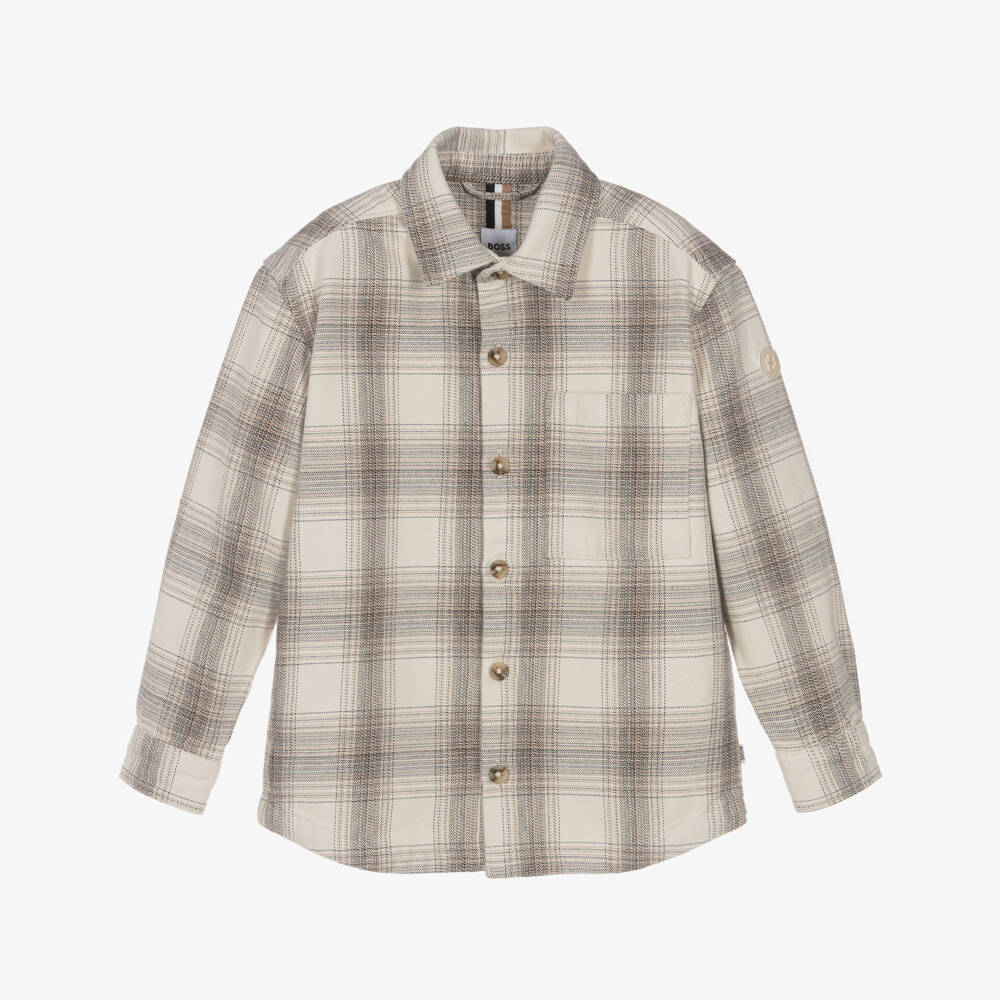BOSS-Boys Ivory Checked Twill Shirt | Childrensalon