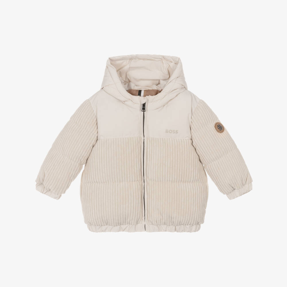 BOSS-Boys Ivory Corduroy Puffer Jacket with Hood | Childrensalon