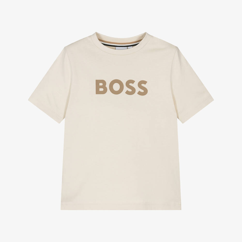 BOSS-Boys Ivory Cotton Crew Neck T-Shirt with Logo Print | Childrensalon