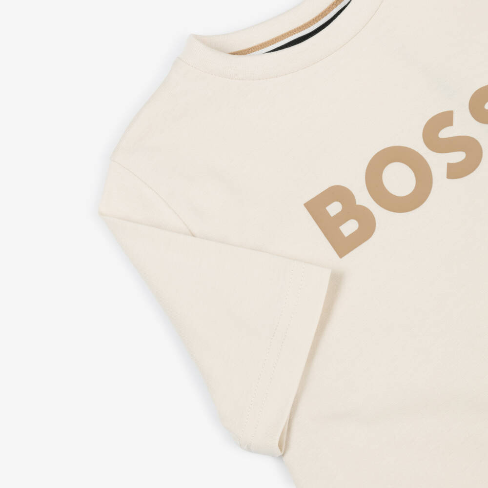 BOSS-Boys Ivory Cotton Crew Neck T-Shirt with Logo Print | Childrensalon