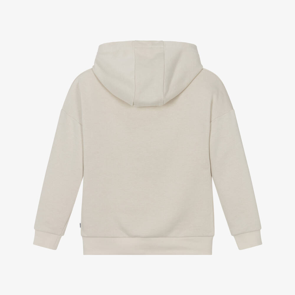 BOSS-Boys Ivory Cotton Jersey Hoodie with Green Abstract Logo | Childrensalon