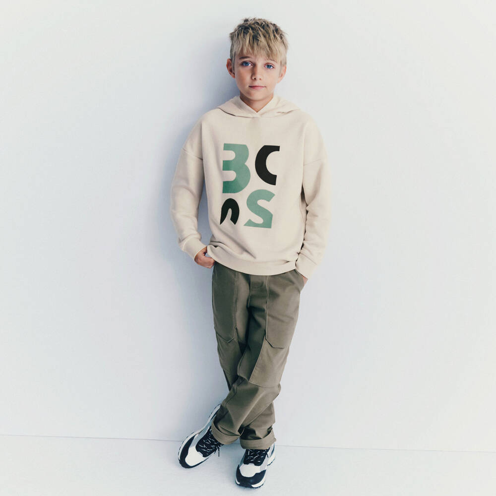 BOSS-Boys Ivory Cotton Jersey Hoodie with Green Abstract Logo | Childrensalon