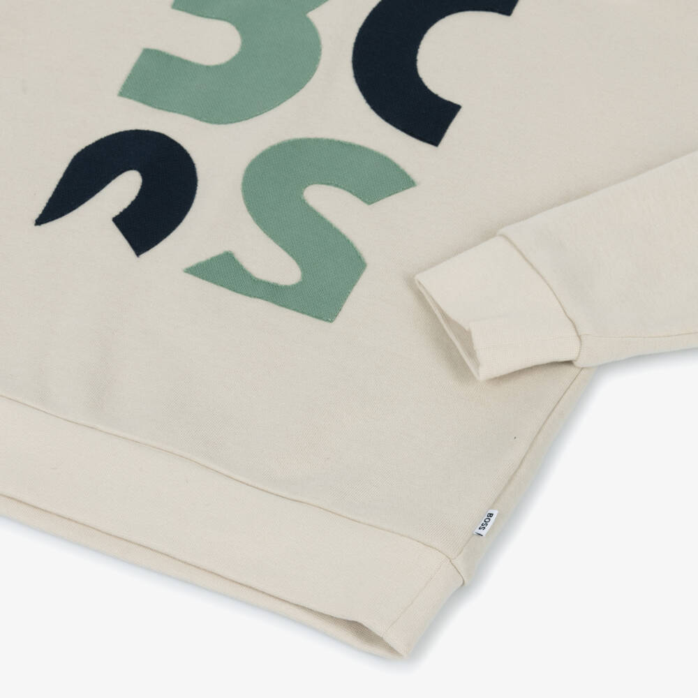 BOSS-Boys Ivory Cotton Jersey Hoodie with Green Abstract Logo | Childrensalon