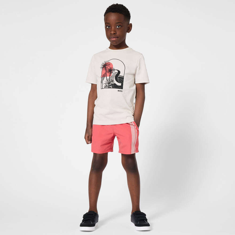 BOSS-Boys Ivory Cotton T-Shirt with Graphic Logo Print | Childrensalon