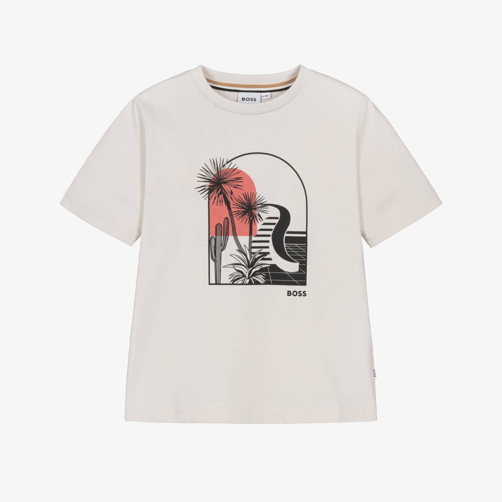 BOSS-Boys Ivory Cotton T-Shirt with Graphic Logo Print | Childrensalon