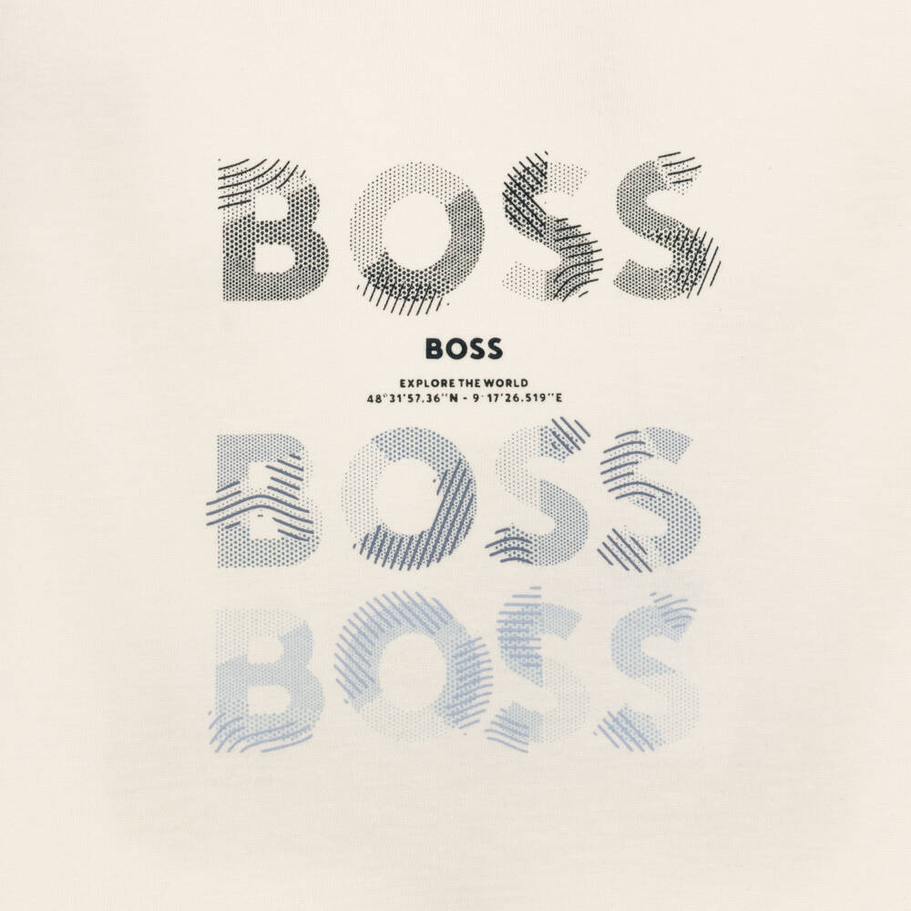 BOSS-Boys Ivory Cotton T-Shirt with Triple Logo Print | Childrensalon
