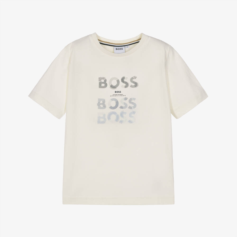 BOSS-Boys Ivory Cotton T-Shirt with Triple Logo Print  | Childrensalon