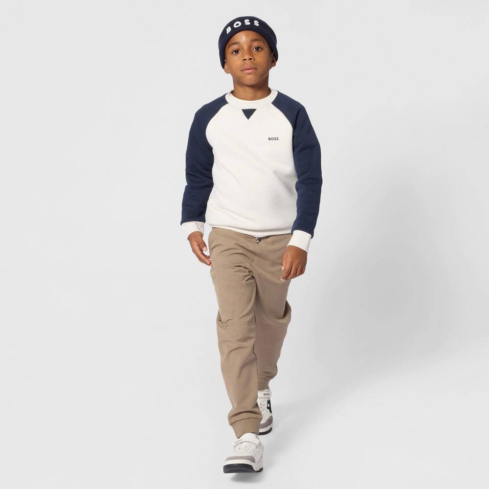 BOSS-Boys Ivory Crew Neck Sweatshirt with Raglan Sleeves | Childrensalon