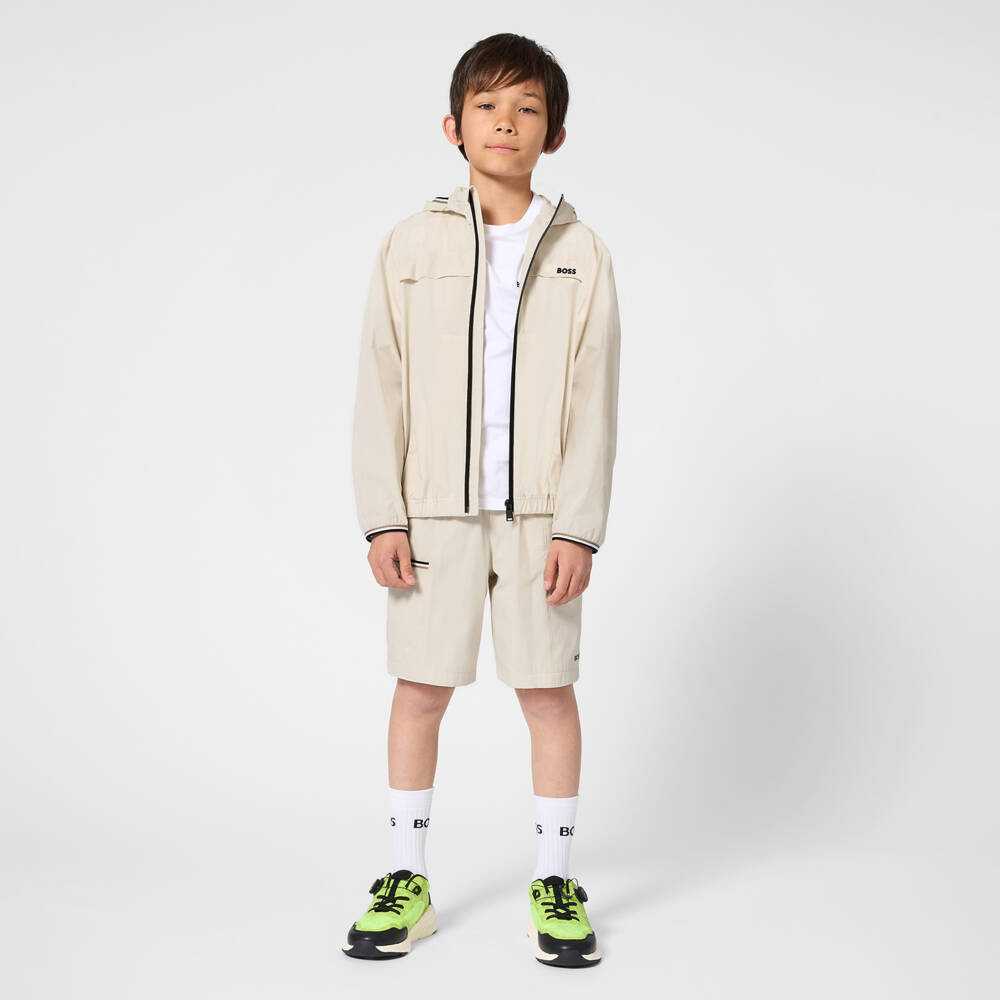 BOSS-Boys Ivory Hooded Windbreaker Jacket & Shorts Set | Childrensalon