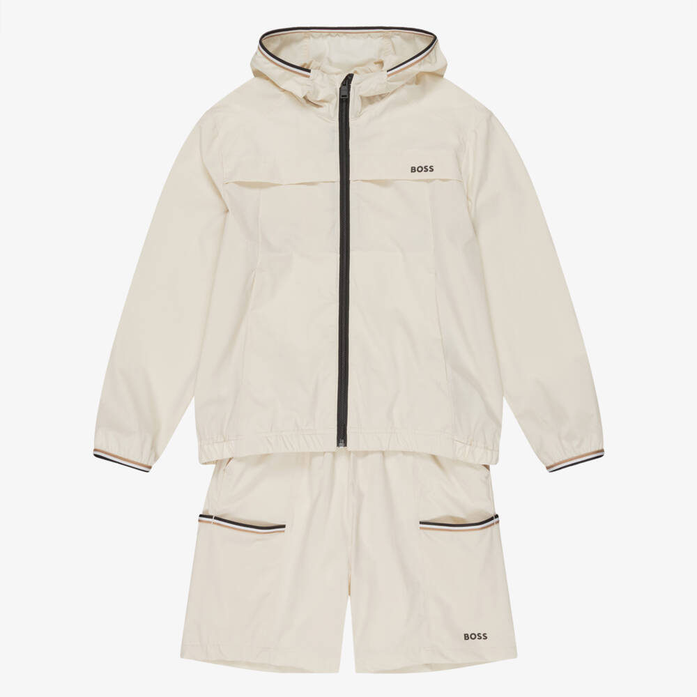 BOSS-Boys Ivory Hooded Windbreaker Jacket & Shorts Set | Childrensalon
