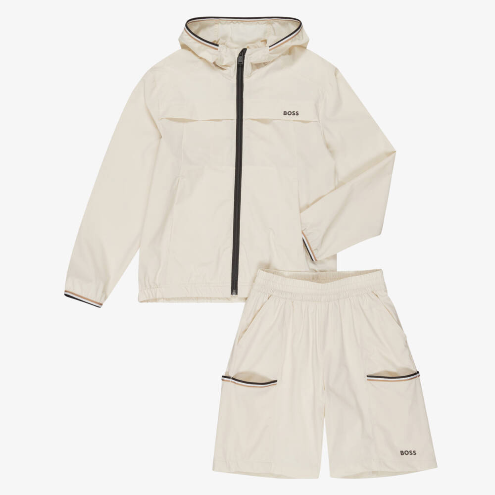 BOSS-Boys Ivory Hooded Windbreaker Jacket & Shorts Set | Childrensalon