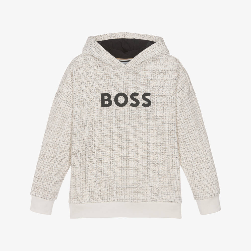 BOSS-Boys Ivory Hoodie with Printed Check | Childrensalon