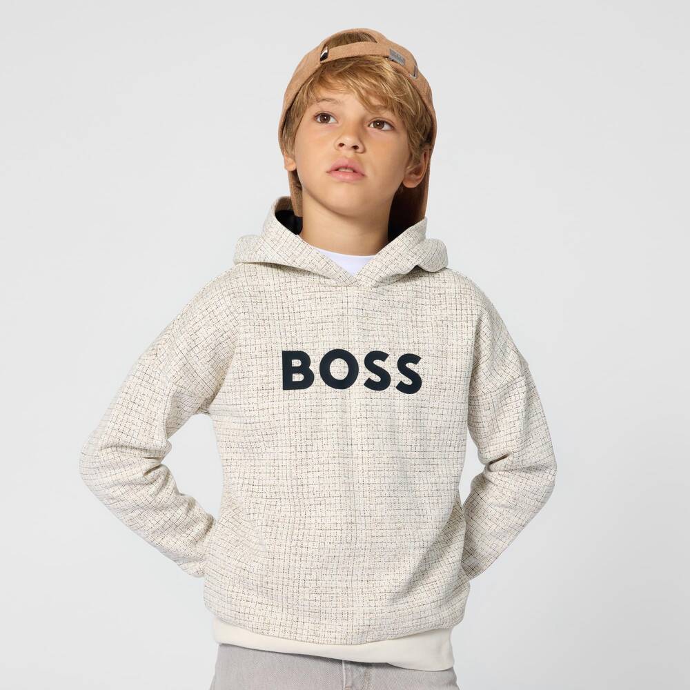 BOSS-Boys Ivory Hoodie with Printed Check | Childrensalon