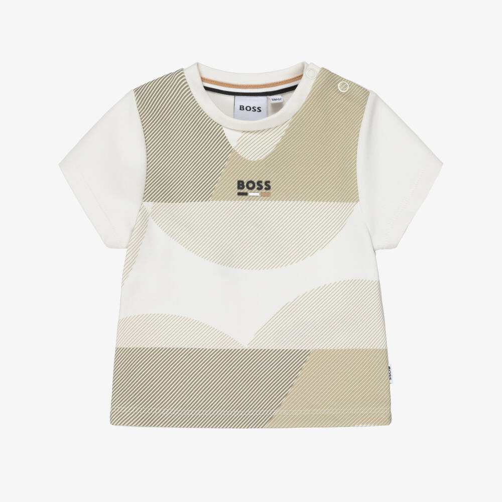 BOSS-Boys Ivory & Khaki Green Logo Graphic T-Shirt | Childrensalon