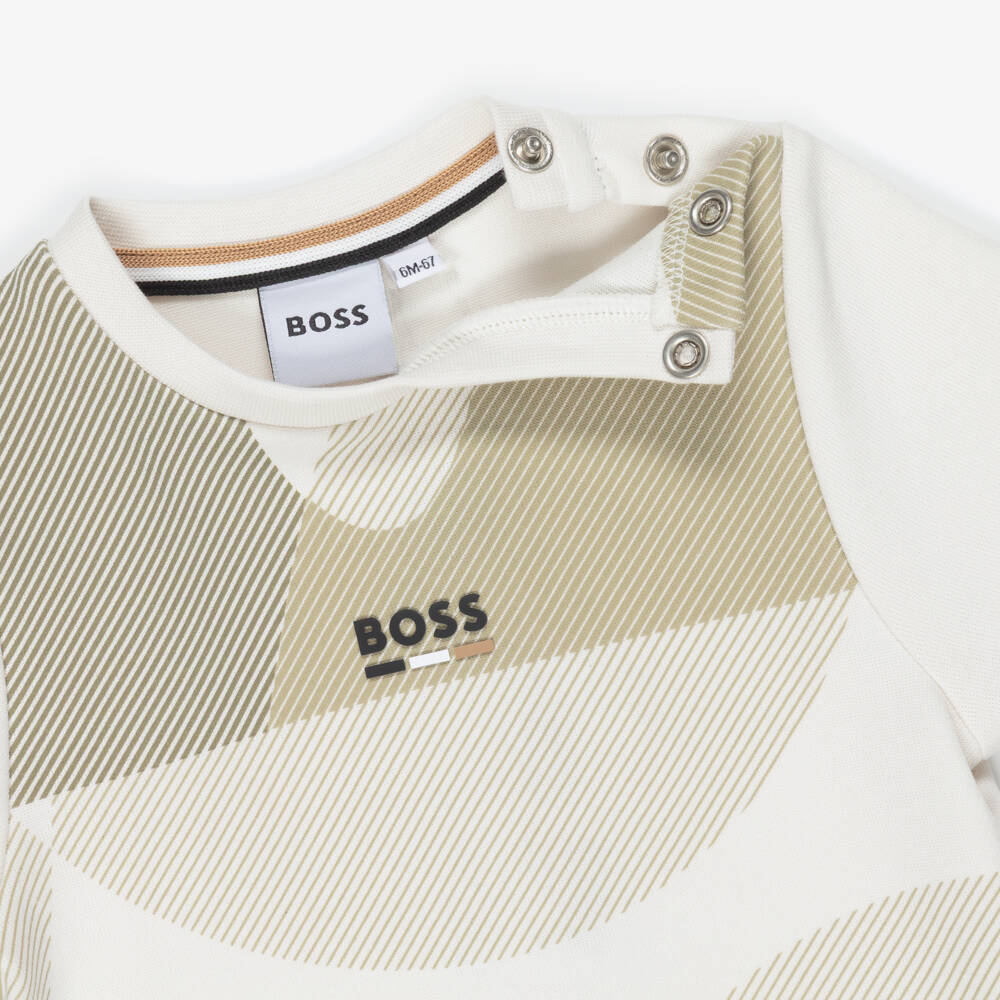 BOSS-Boys Ivory & Khaki Green Logo Graphic T-Shirt | Childrensalon