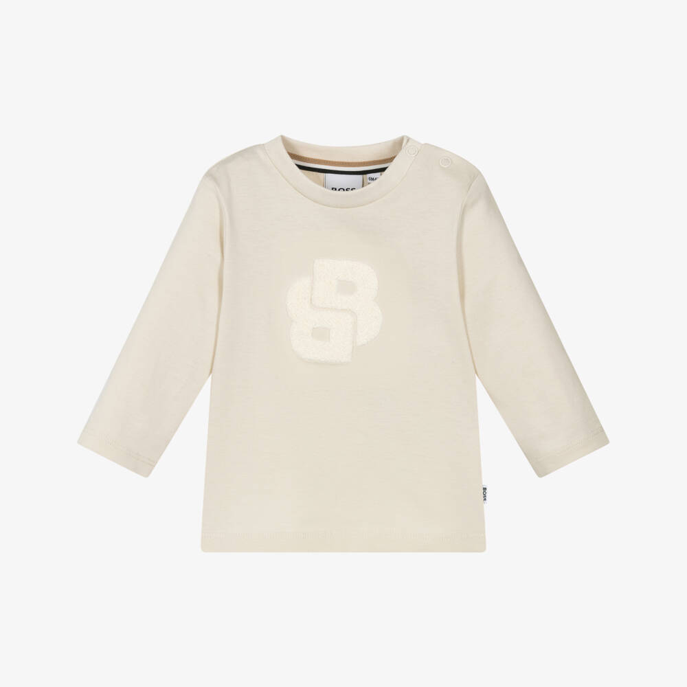 BOSS-Boys Ivory Long-Sleeve Top with Bouclé Double B Monogram Logo | Childrensalon