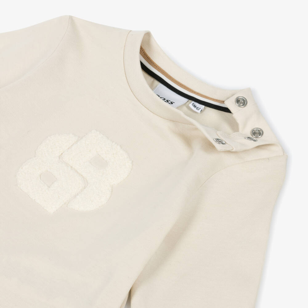 BOSS-Boys Ivory Long-Sleeve Top with Bouclé Double B Monogram Logo | Childrensalon