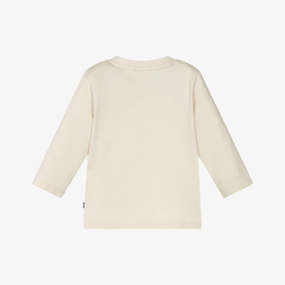 BOSS-Boys Ivory Long-Sleeve Top with Bouclé Double B Monogram Logo | Childrensalon
