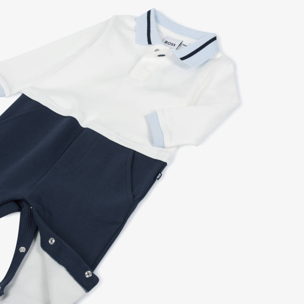 BOSS-Boys Ivory & Navy Blue Cotton Romper with Polo Collar | Childrensalon