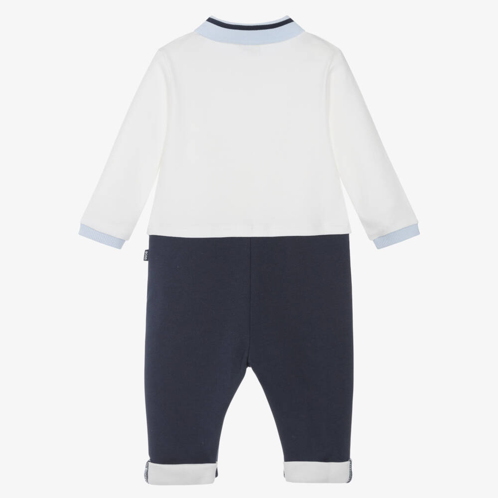 BOSS-Boys Ivory & Navy Blue Cotton Romper with Polo Collar | Childrensalon
