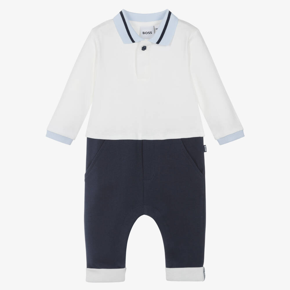 BOSS-Boys Ivory & Navy Blue Cotton Romper with Polo Collar | Childrensalon