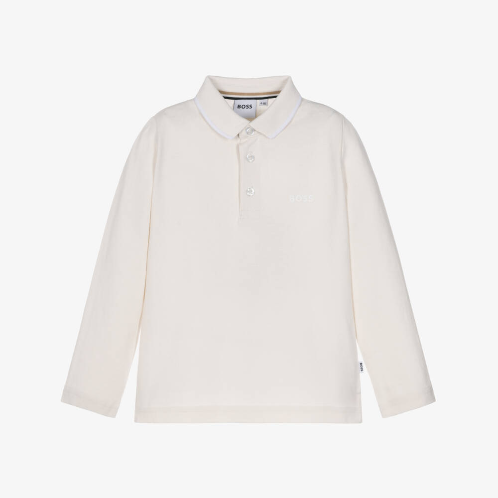 BOSS-Boys Ivory Piqué Long-Sleeved Polo Shirt | Childrensalon