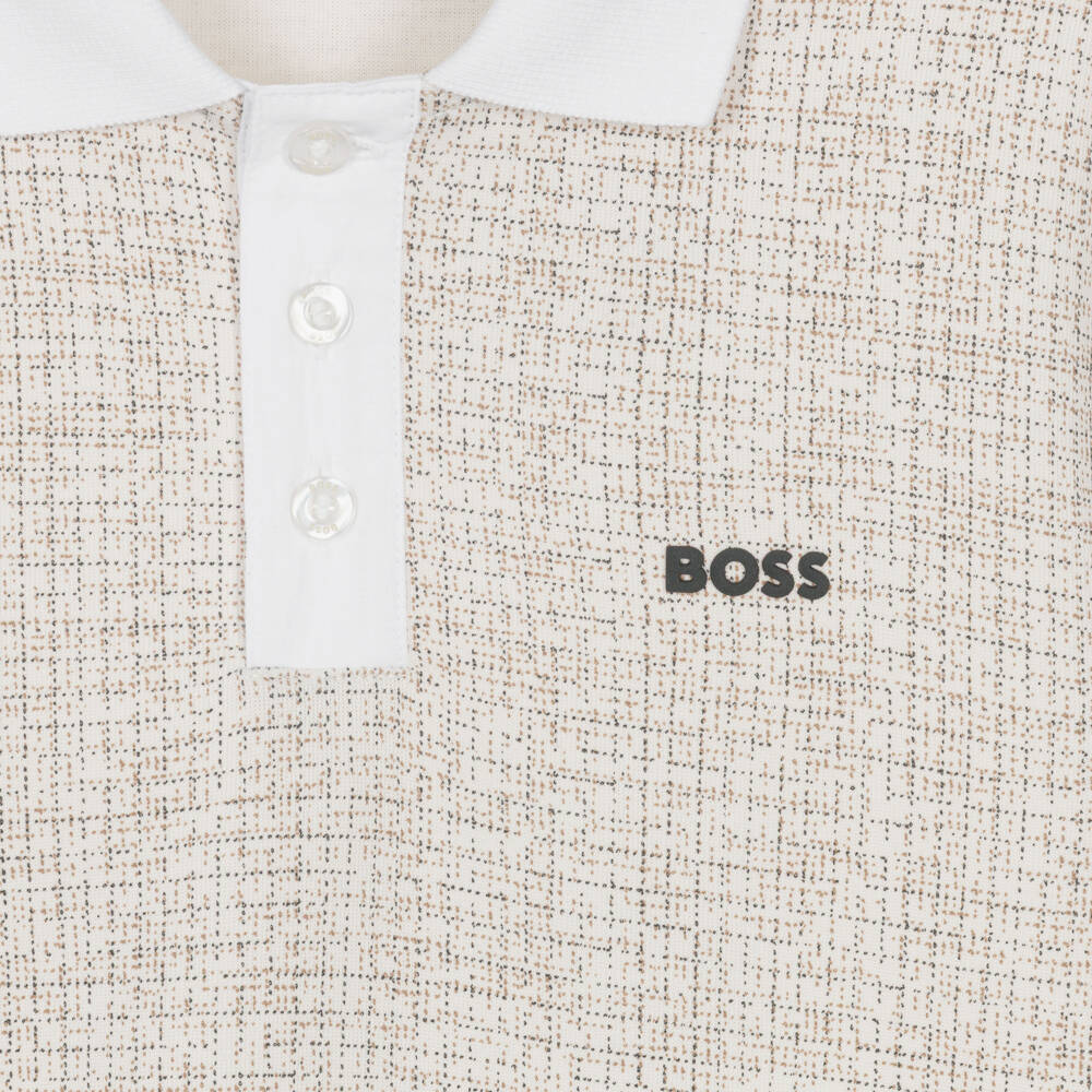 BOSS-Boys Ivory Polo Shirt with Printed Check | Childrensalon