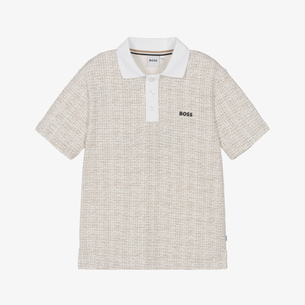 BOSS-Boys Ivory Polo Shirt with Printed Check | Childrensalon