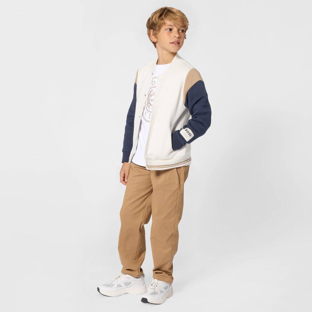 BOSS-Boys Ivory Varsity Jacket with Crest Embroidery | Childrensalon