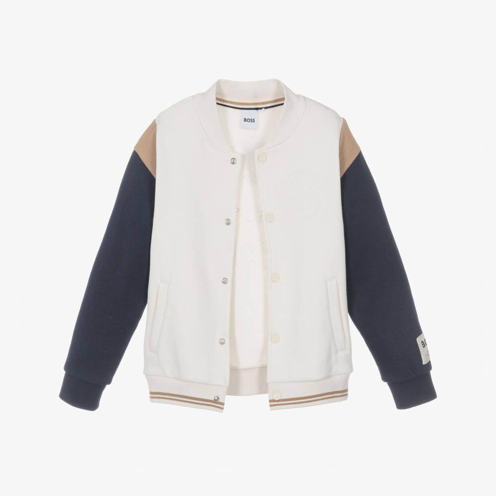 BOSS-Boys Ivory Varsity Jacket with Crest Embroidery | Childrensalon
