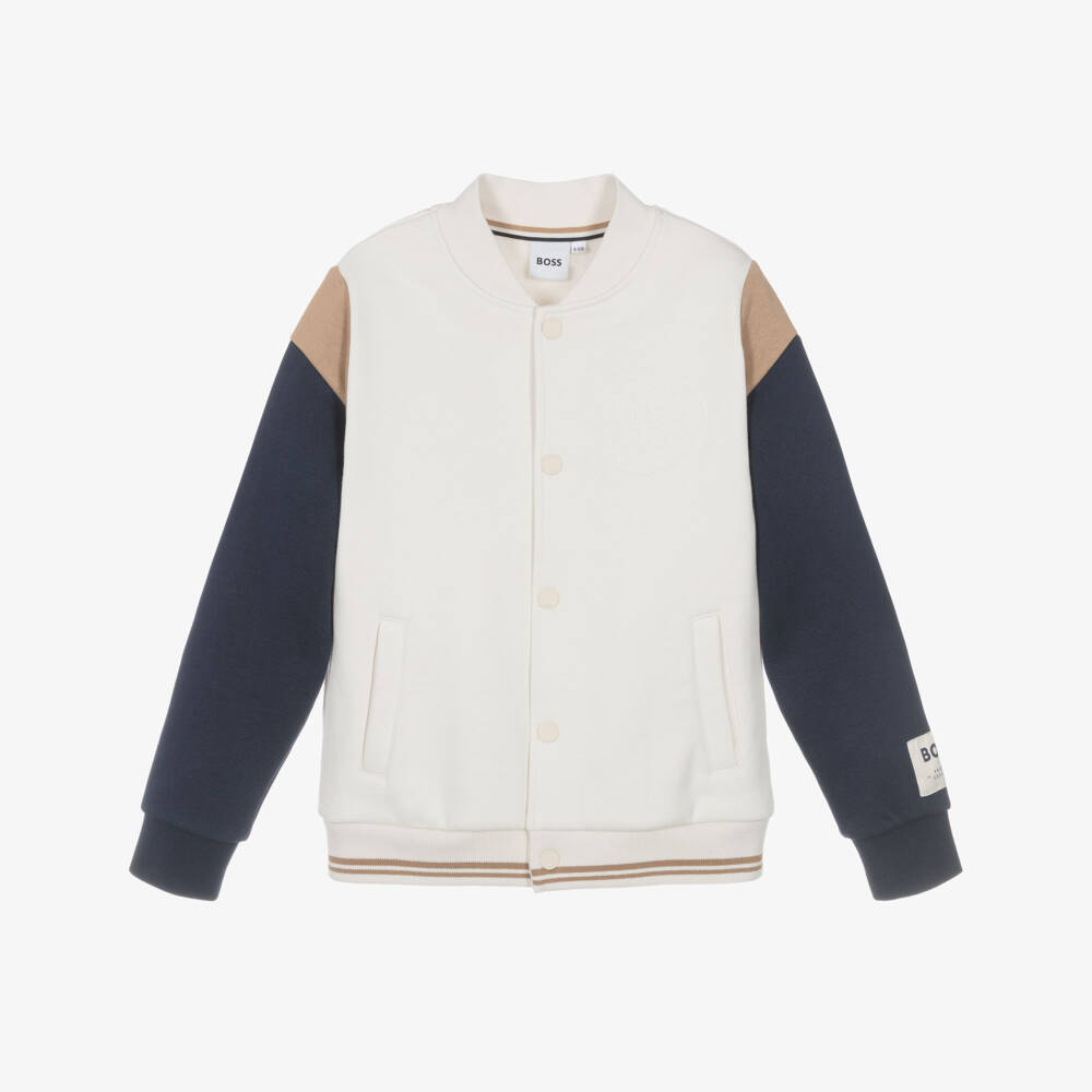 BOSS-Boys Ivory Varsity Jacket with Crest Embroidery | Childrensalon
