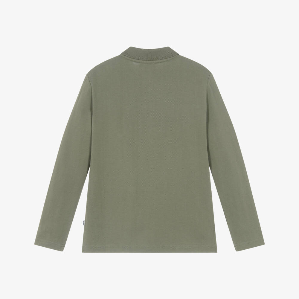 BOSS-Boys Khaki Green Cotton Long-Sleeved Polo Shirt | Childrensalon
