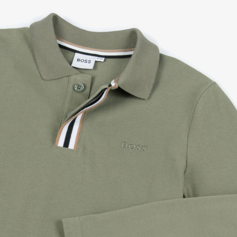 BOSS-Boys Khaki Green Cotton Long-Sleeved Polo Shirt | Childrensalon