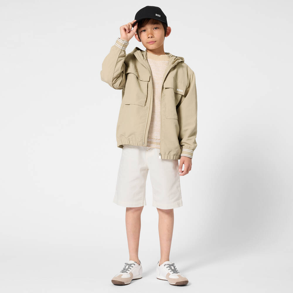 BOSS-Boys Light Beige Cotton Twill Chino Shorts | Childrensalon
