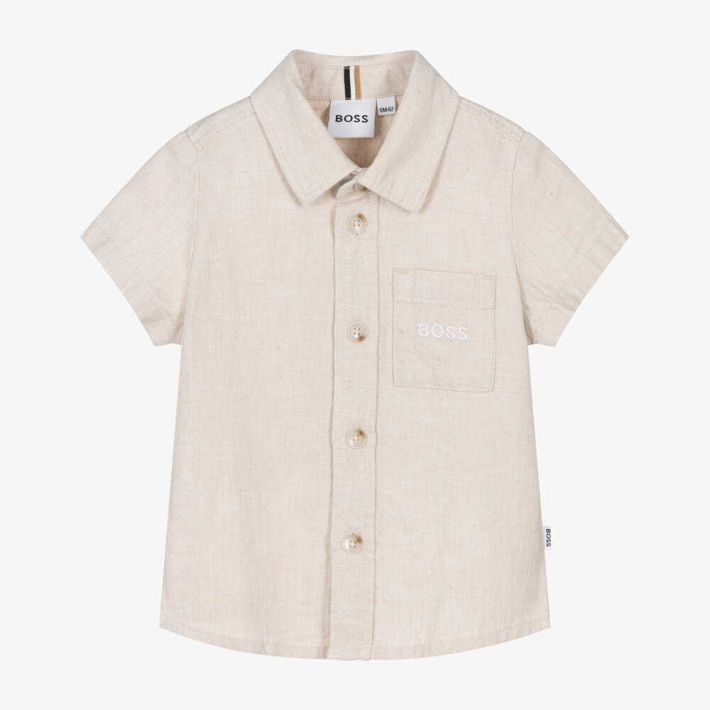 BOSS-Boys Light Beige Linen & Cotton Shirt | Childrensalon