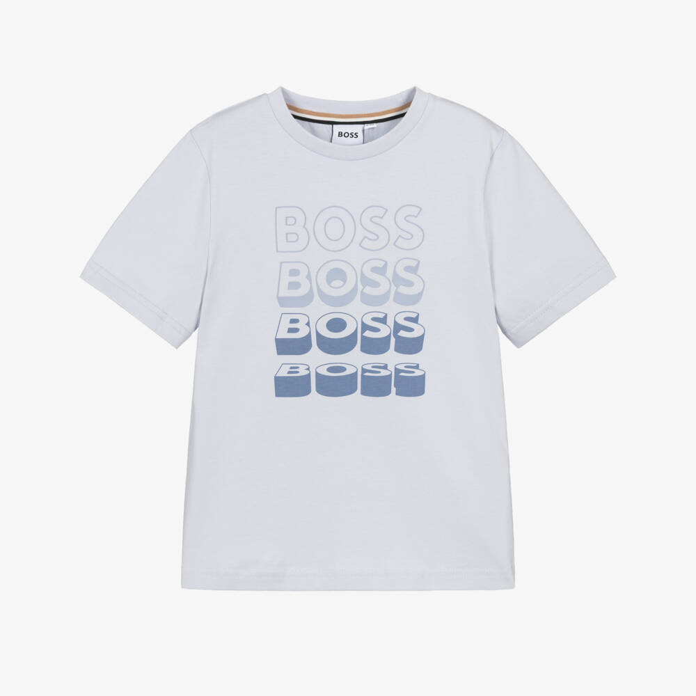 BOSS-Футболка голубая из хлопка с повторяющимся логотипом для мальчиков | Childrensalon