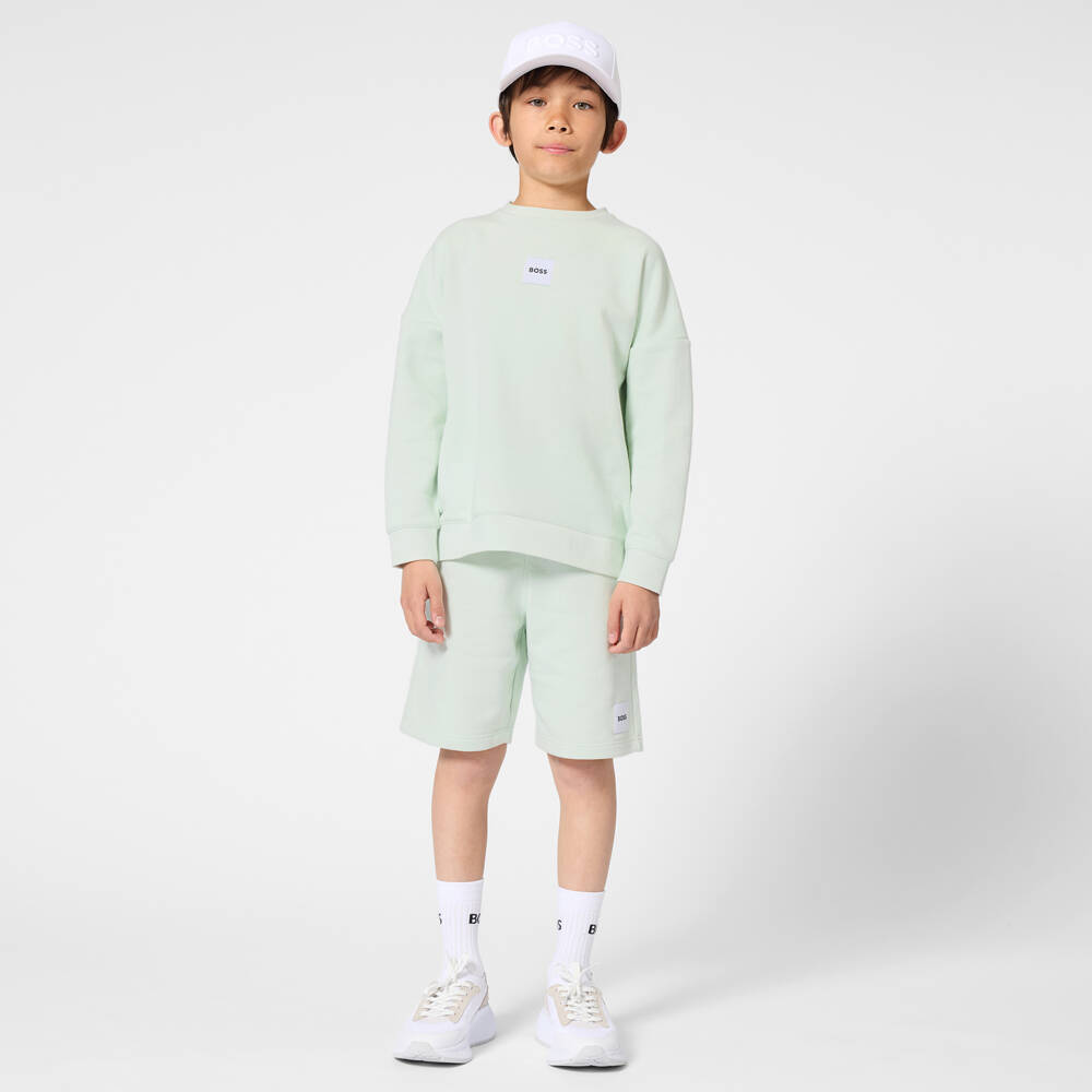 BOSS-Boys Mint Green Cotton Jersey Shorts with Patch Logo | Childrensalon