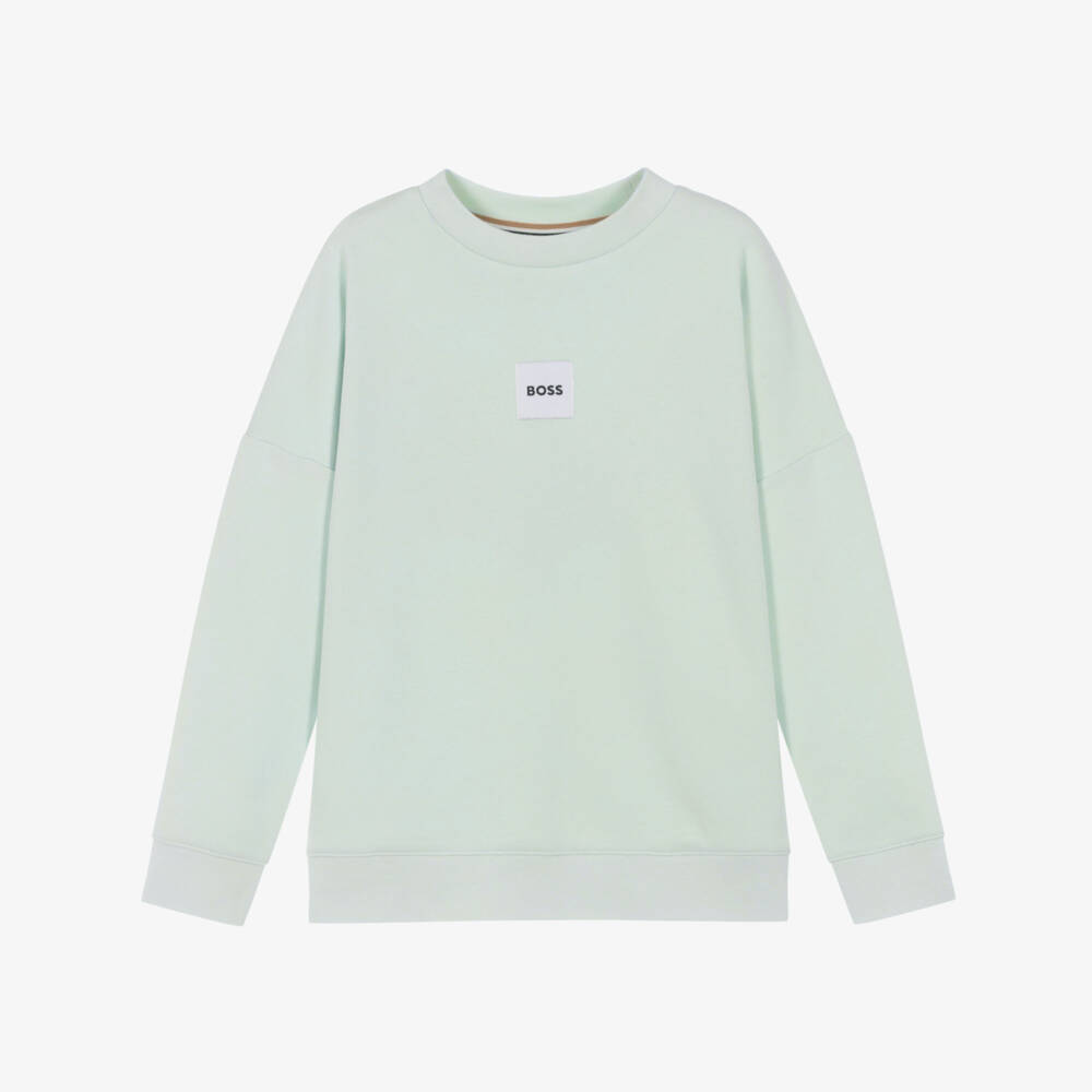 BOSS-Boys Mint Green Cotton Sweatshirt with Patch Logo  | Childrensalon