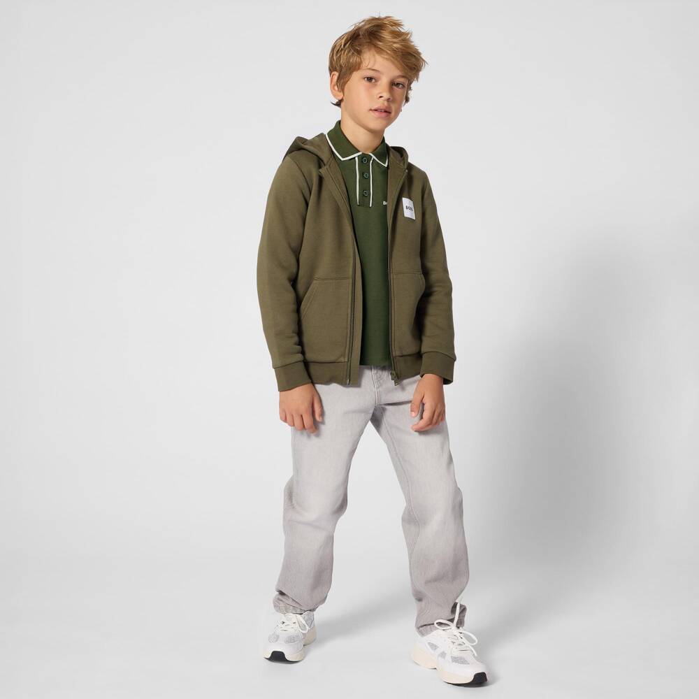 BOSS-Boys Moss Green Piqué Long-Sleeved Polo Shirt | Childrensalon