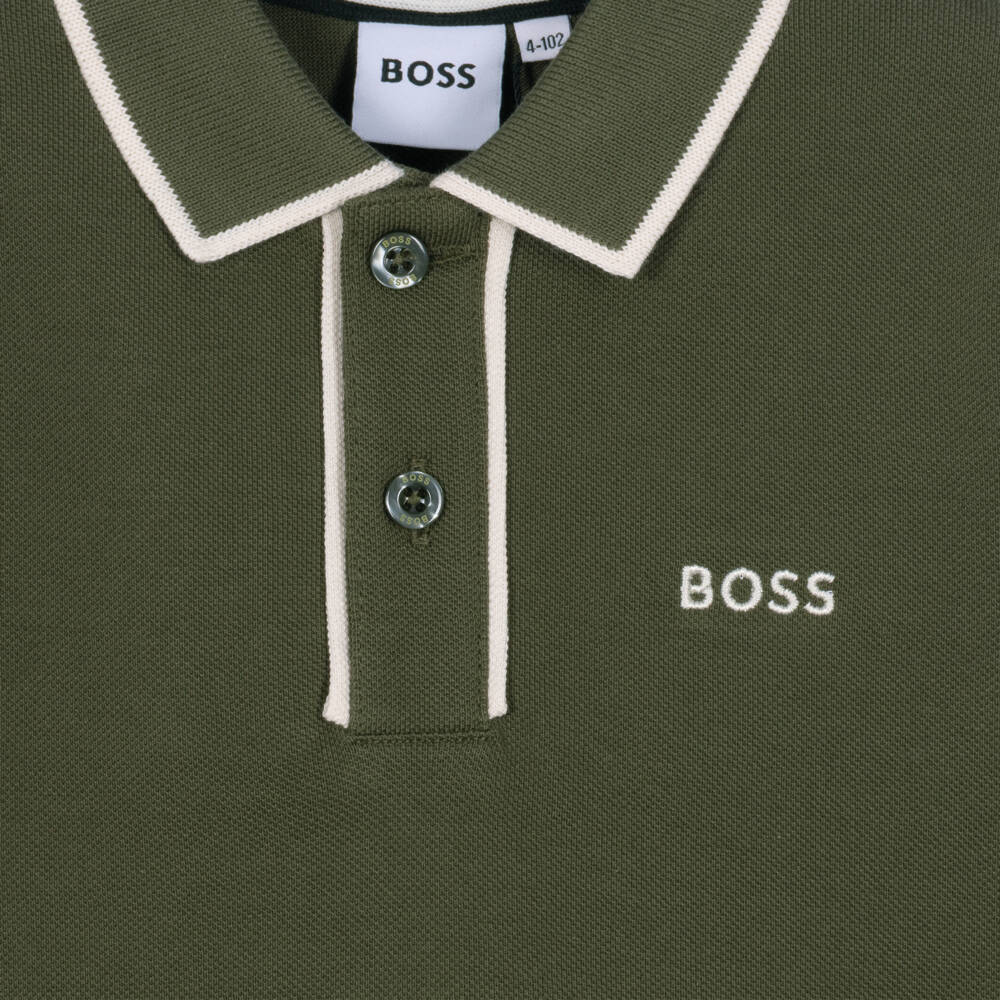 BOSS-Boys Moss Green Piqué Long-Sleeved Polo Shirt | Childrensalon