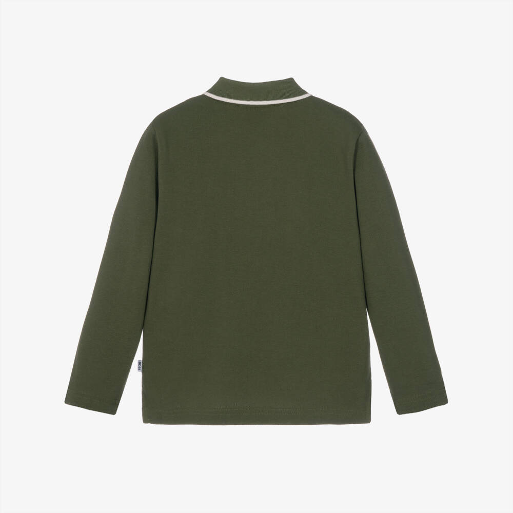 BOSS-Boys Moss Green Piqué Long-Sleeved Polo Shirt | Childrensalon
