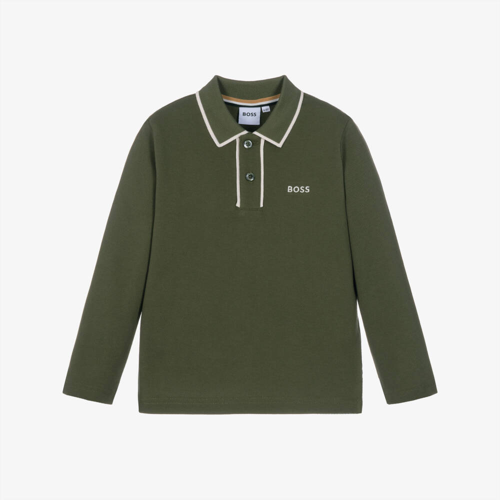 BOSS-Boys Moss Green Piqué Long-Sleeved Polo Shirt | Childrensalon