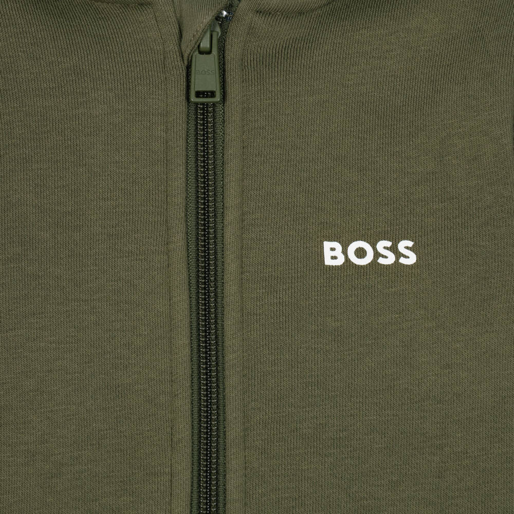 BOSS-Boys Moss Green Zip-Up Hoodie with Colourblock Trim | Childrensalon