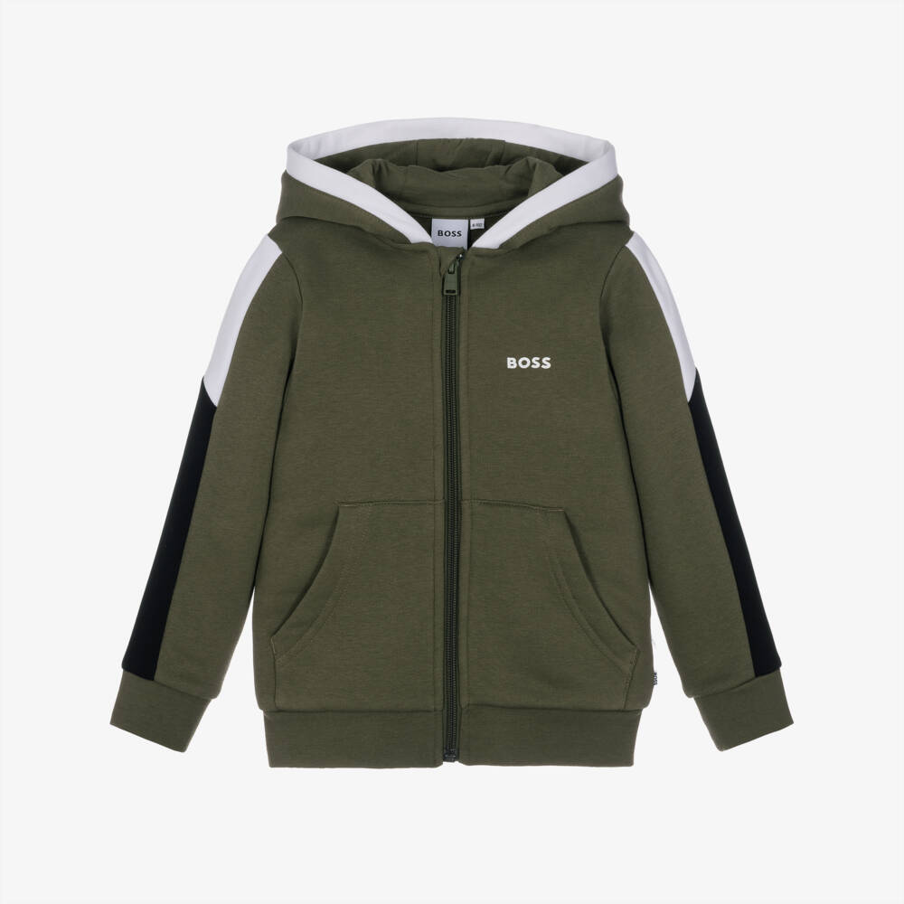 BOSS-Boys Moss Green Zip-Up Hoodie with Colourblock Trim | Childrensalon