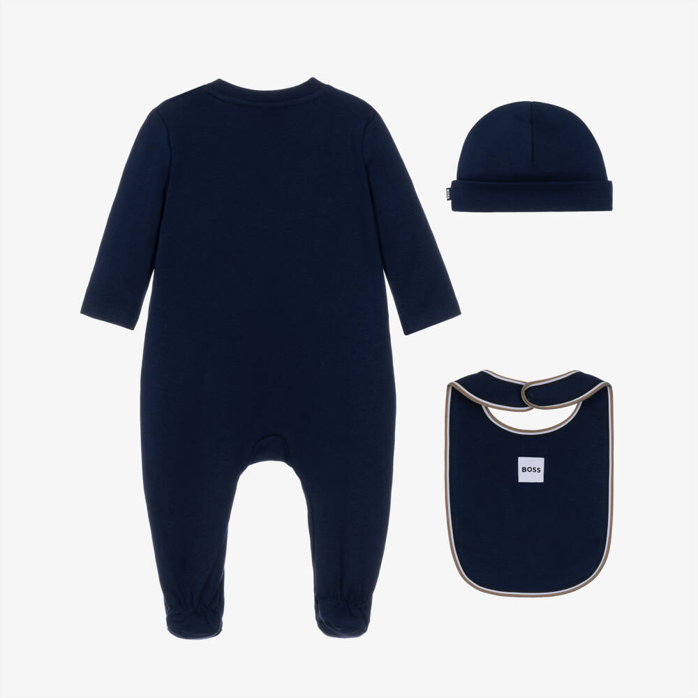 BOSS-Boys Navy Blue Babysuit, Hat & Bib Set | Childrensalon