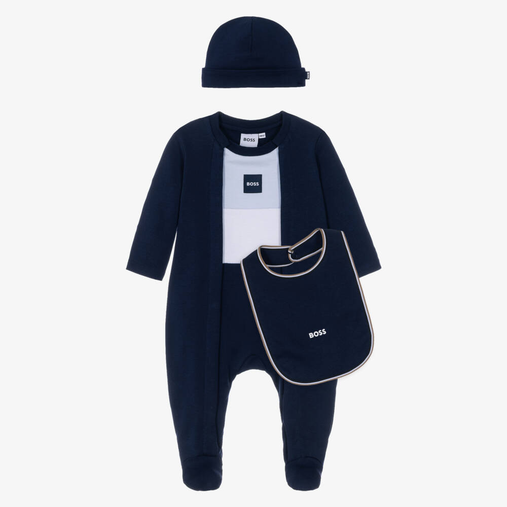 BOSS-Boys Navy Blue Babysuit, Hat & Bib Set | Childrensalon