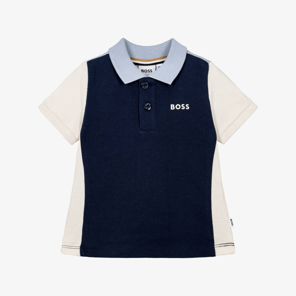 BOSS-Boys Navy Blue & Beige Colourblock Polo Shirt | Childrensalon