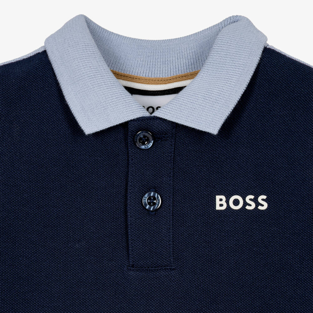 BOSS-Boys Navy Blue & Beige Colourblock Polo Shirt | Childrensalon